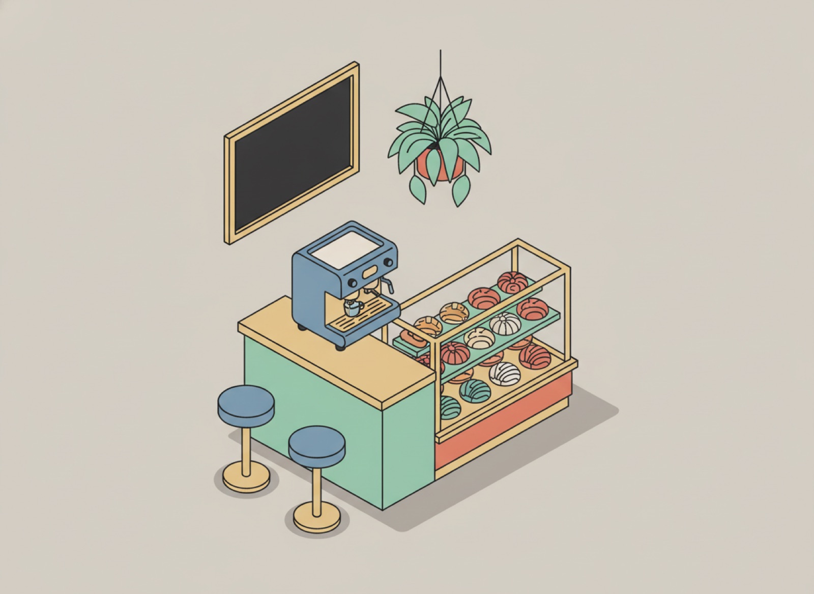 Ilustración isométrica del mostrador de una cafetería pequeña con máquina de espresso, vitrina de pan dulce y bancos