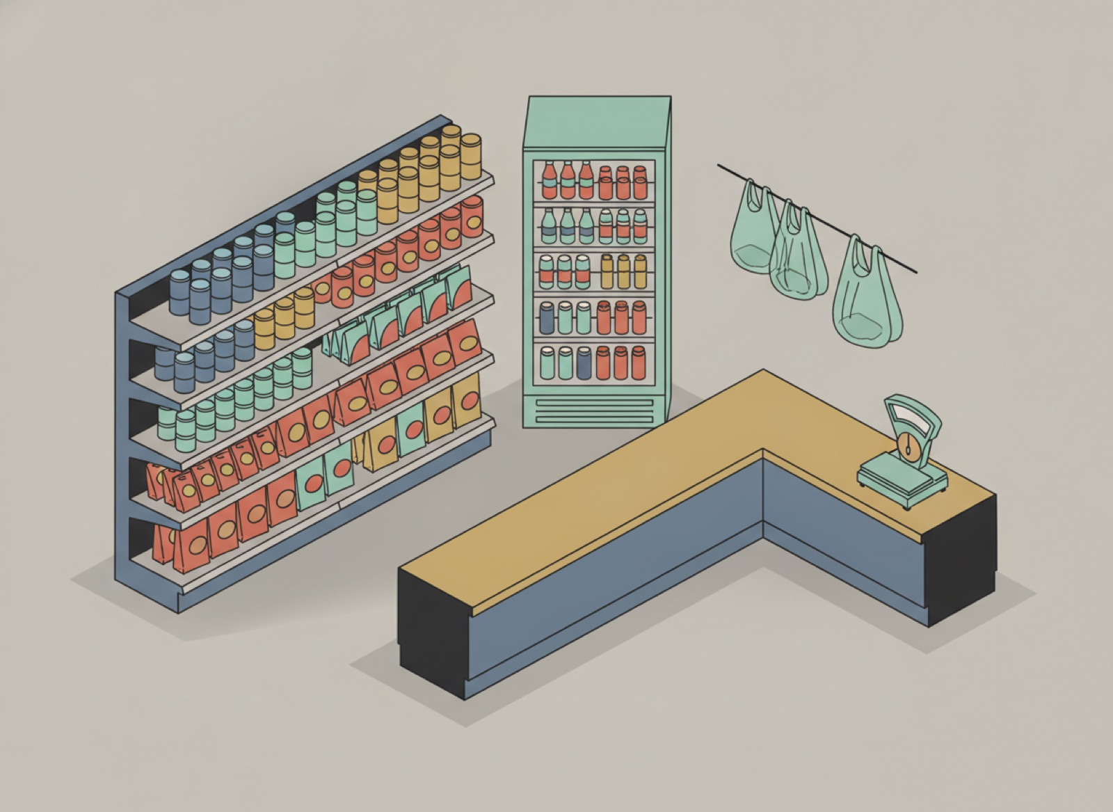Ilustración isométrica de una tienda de abarrotes con estantes de latas, refrigerador de refrescos y báscula en el mostrador