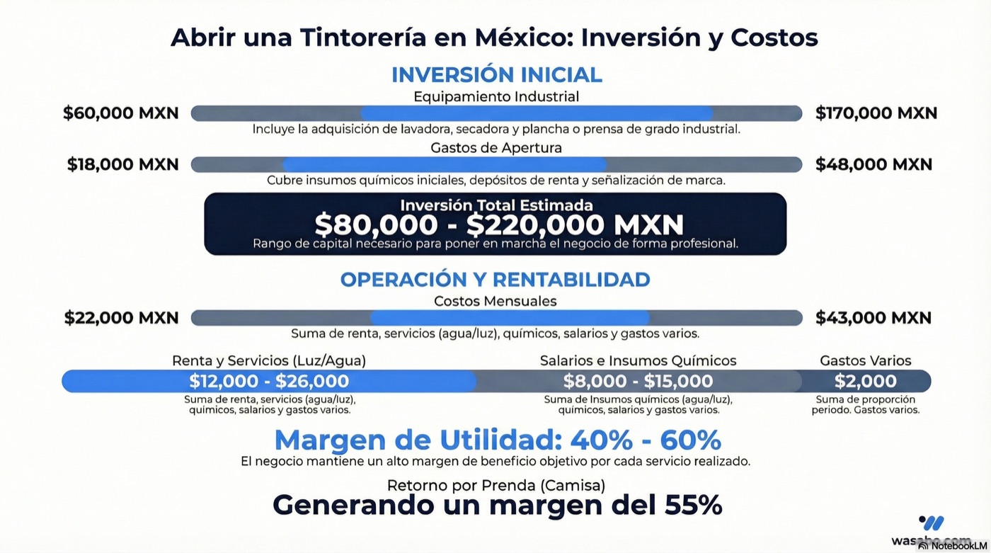 Infografía: Abrir una tintorería en México — inversión inicial $80,000-$220,000 MXN, costos mensuales $22,000-$43,000, margen de utilidad 40-60%