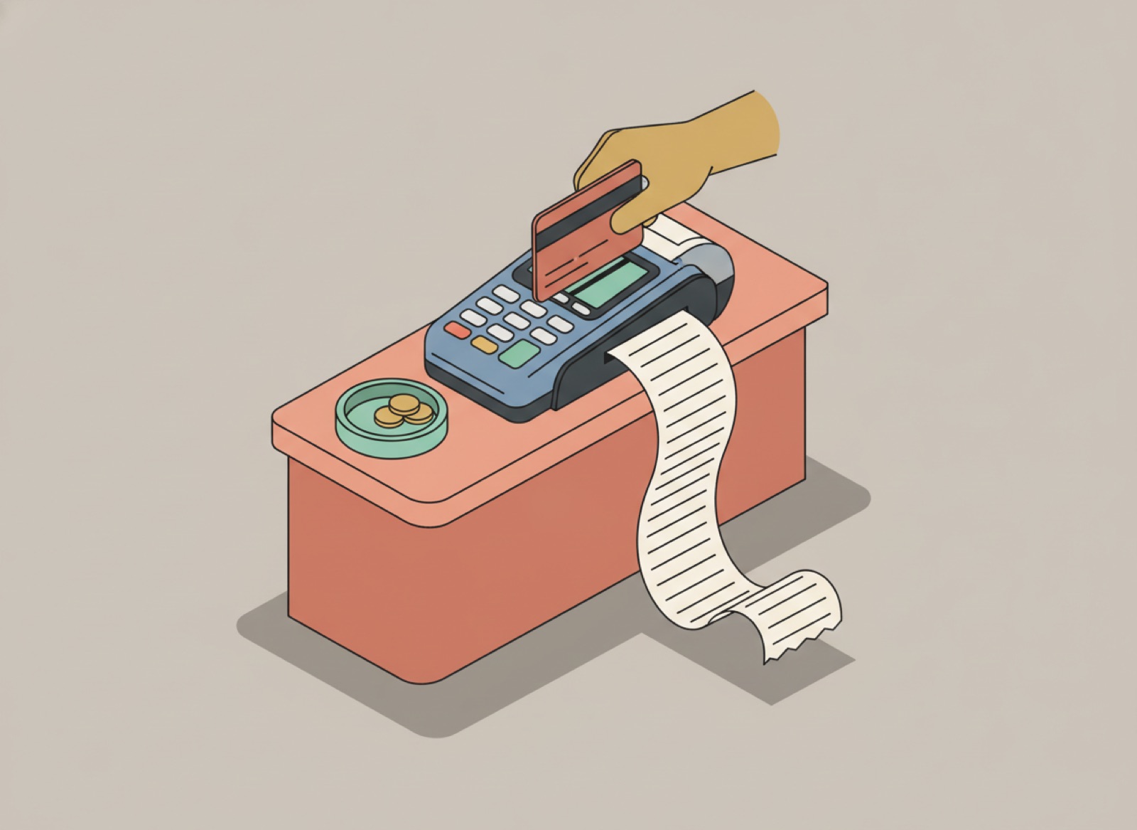 Ilustración isométrica de una terminal de pago en un mostrador con una mano insertando una tarjeta