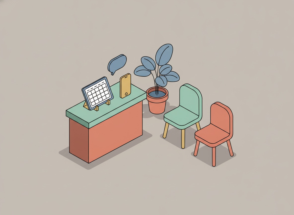 Ilustración isométrica de un mostrador de recepción con una tableta que muestra huecos de horario vacíos, un celular con un mensaje entrante y dos sillas de espera desocupadas
