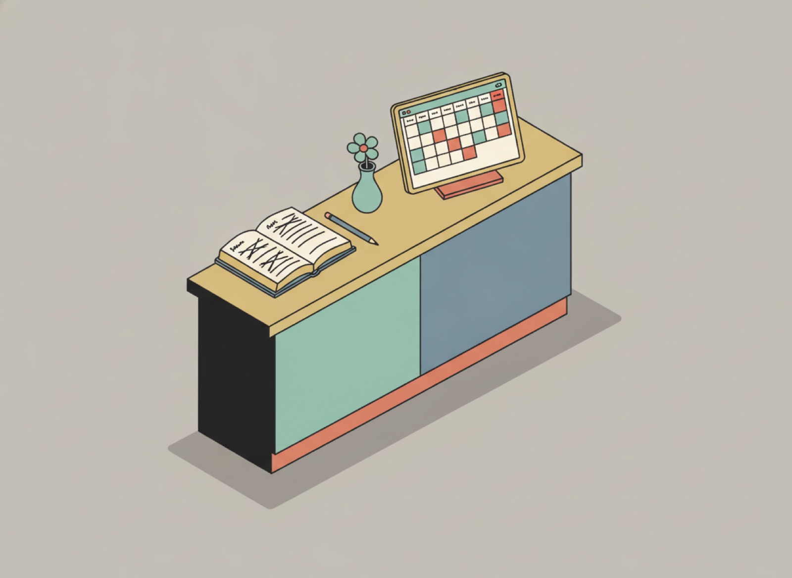 Ilustración isométrica de un mostrador de salón con una libreta de citas tachada de un lado y una tablet con calendario del otro