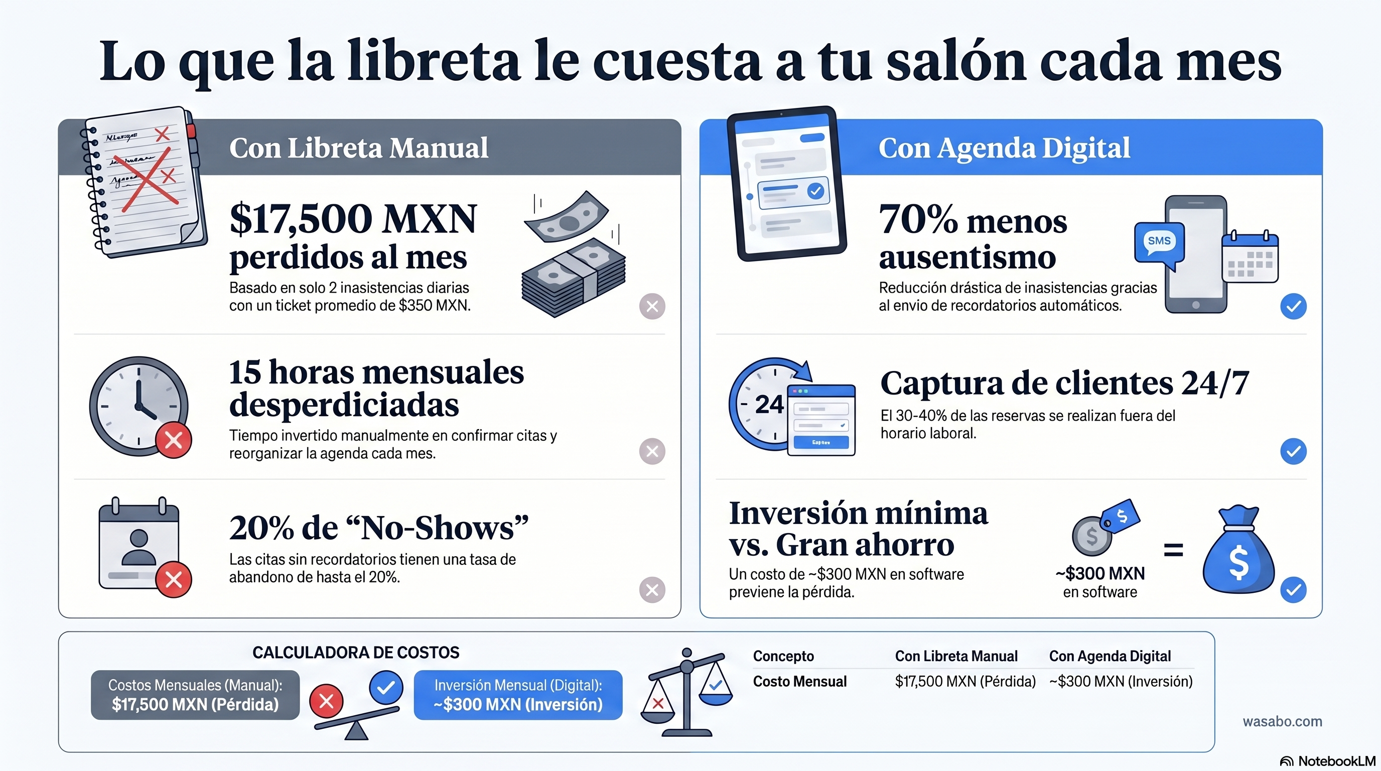 Infografia: Lo que la libreta le cuesta a tu salon cada mes — perdidas mensuales, horas desperdiciadas, no-shows, y el ahorro al cambiar a agenda digital