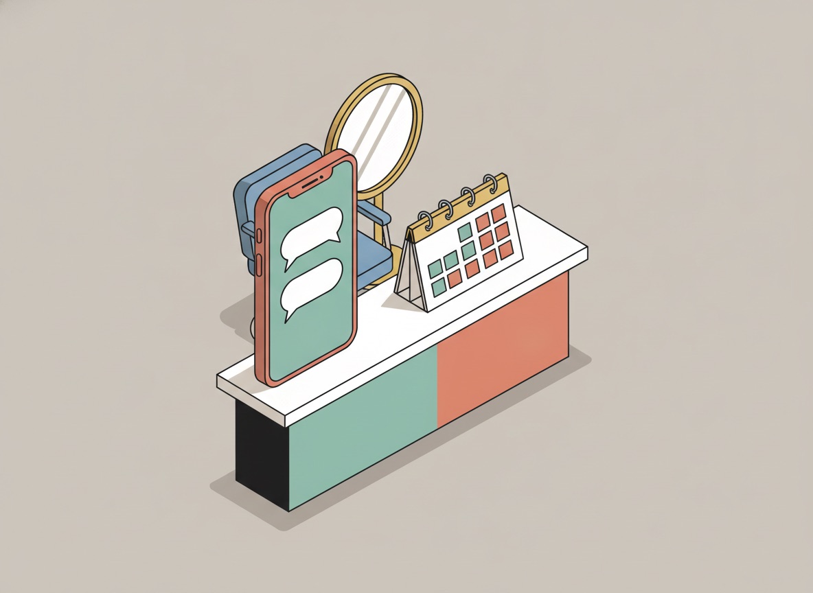 Ilustración isométrica de un mostrador de salón con un teléfono al frente y un calendario de citas al lado