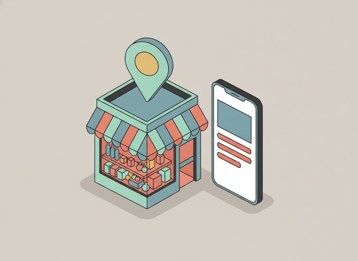 Ilustración isométrica de un local pequeño mexicano con un pin de mapa y un celular mostrando resultados de búsqueda cercanos