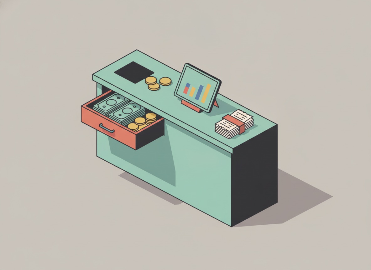 Ilustración isométrica de un mostrador con una tableta que muestra el corte del día a un lado y una pila de tickets de gastos al otro