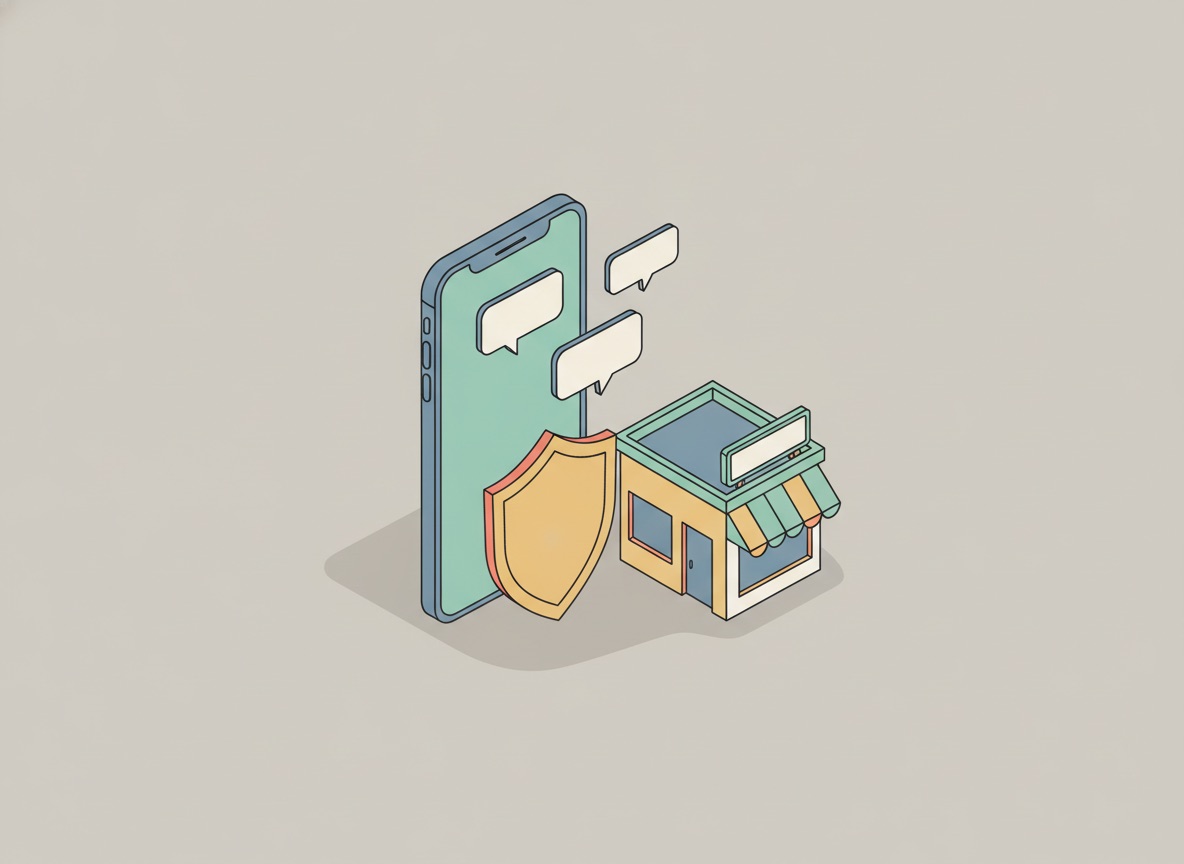 Ilustración isométrica de un teléfono con burbujas de chat protegido por un escudo junto a un pequeño negocio