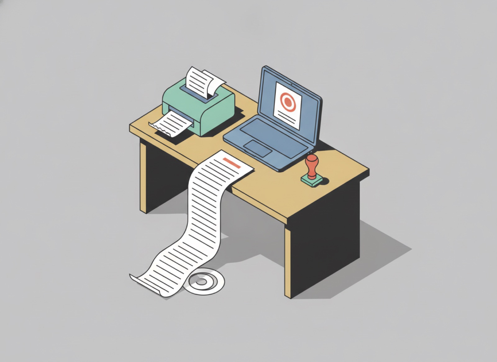Ilustración isométrica de una impresora de tickets emitiendo una factura junto a una laptop con un documento sellado