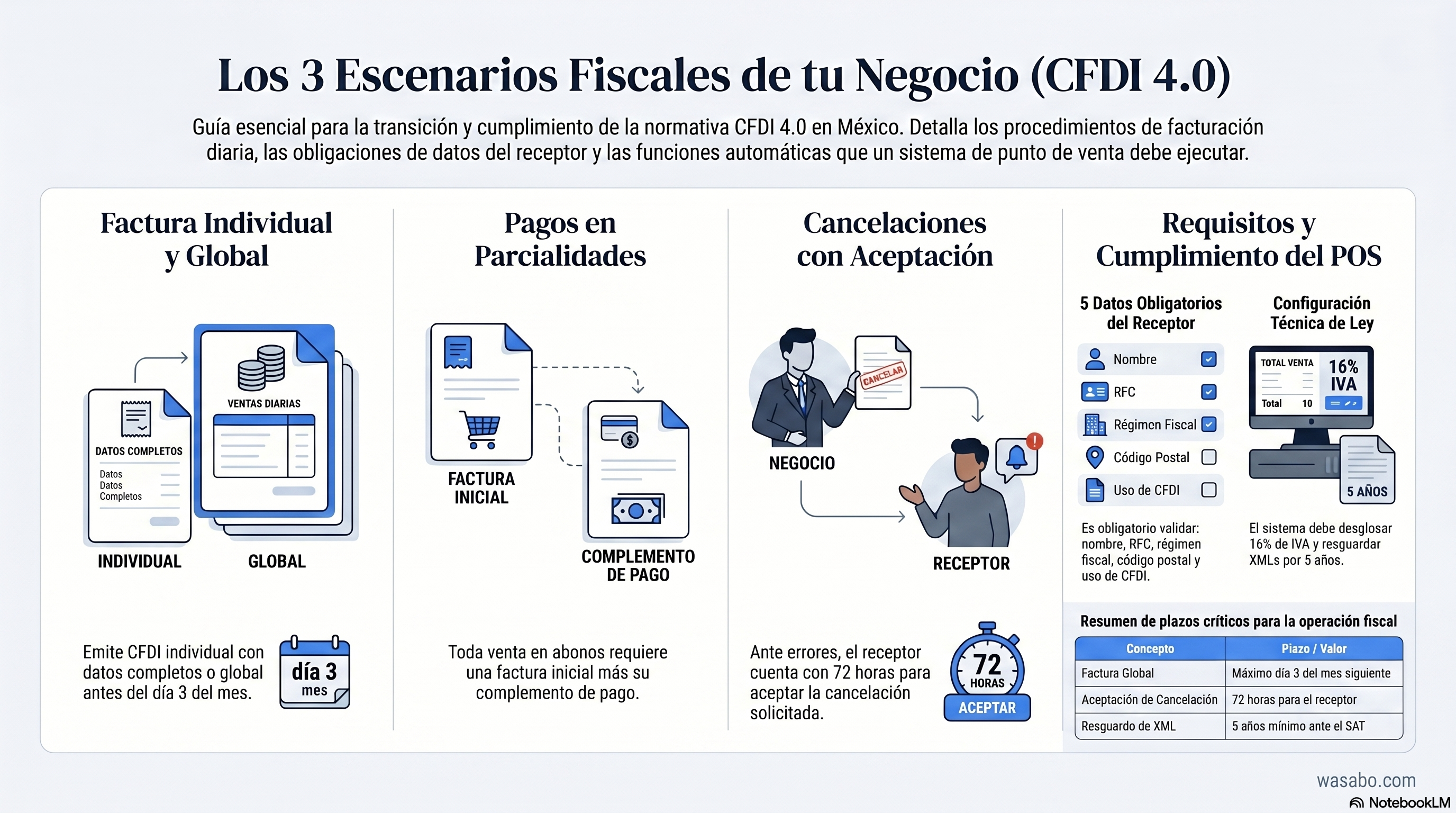 Infografia: Los 3 Escenarios Fiscales de tu Negocio (CFDI 4.0) — factura individual, pagos en parcialidades, cancelaciones y requisitos del POS