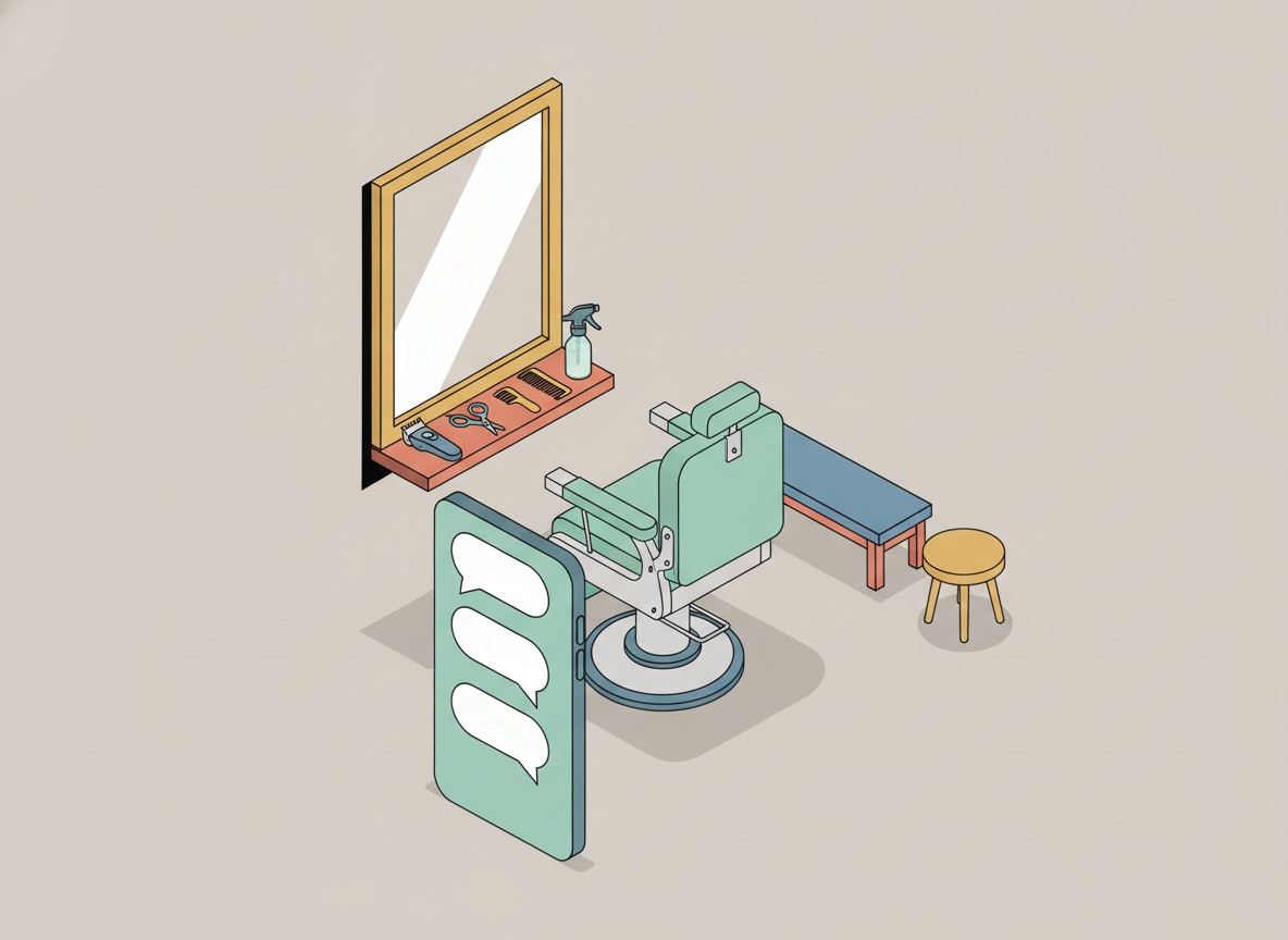 Ilustración isométrica de una estación de barbería con silla, espejo y herramientas, y un teléfono al frente mostrando burbujas de conversación