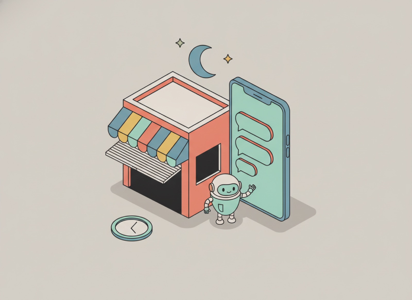Ilustración isométrica de un negocio pequeño cerrado de noche mientras un asistente automático contesta los mensajes de WhatsApp que siguen llegando