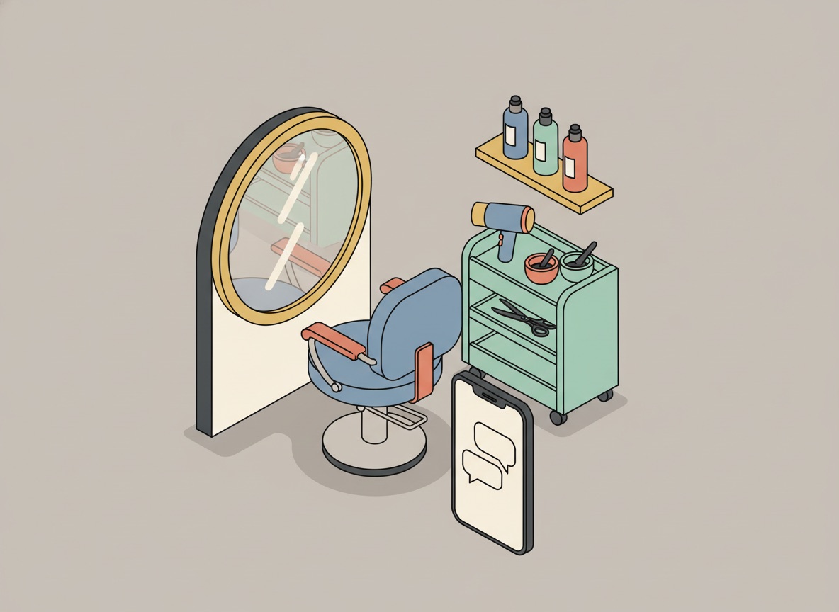 Ilustración isométrica de una estación de salón de belleza con silla y espejo, y un teléfono al frente mostrando burbujas de conversación