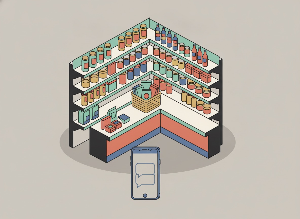 Ilustración isométrica del mostrador de una tienda de abarrotes con anaqueles de latas y botellas, una canasta con productos y un celular al frente mostrando burbujas de conversación