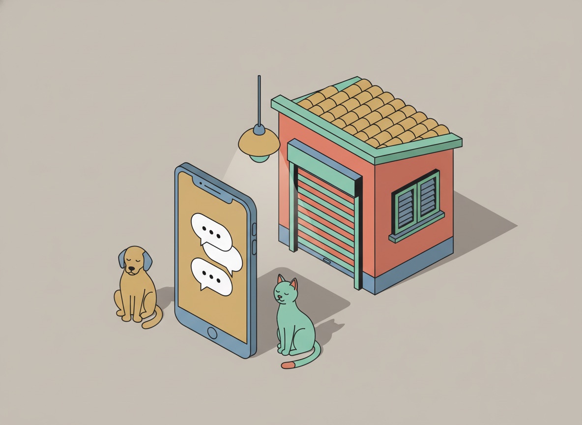 Ilustración isométrica de una clínica veterinaria pequeña cerrada de noche, con un teléfono al frente mostrando burbujas de conversación