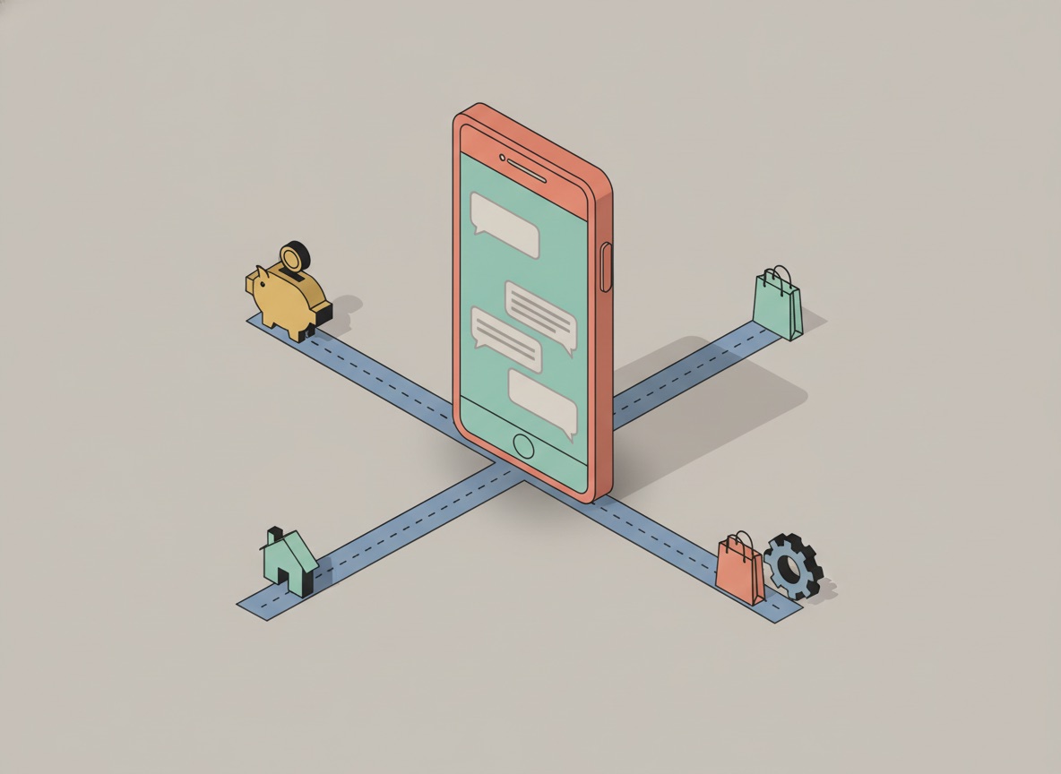 Ilustración isométrica de cuatro caminos distintos que salen de un celular con una conversación de WhatsApp abierta