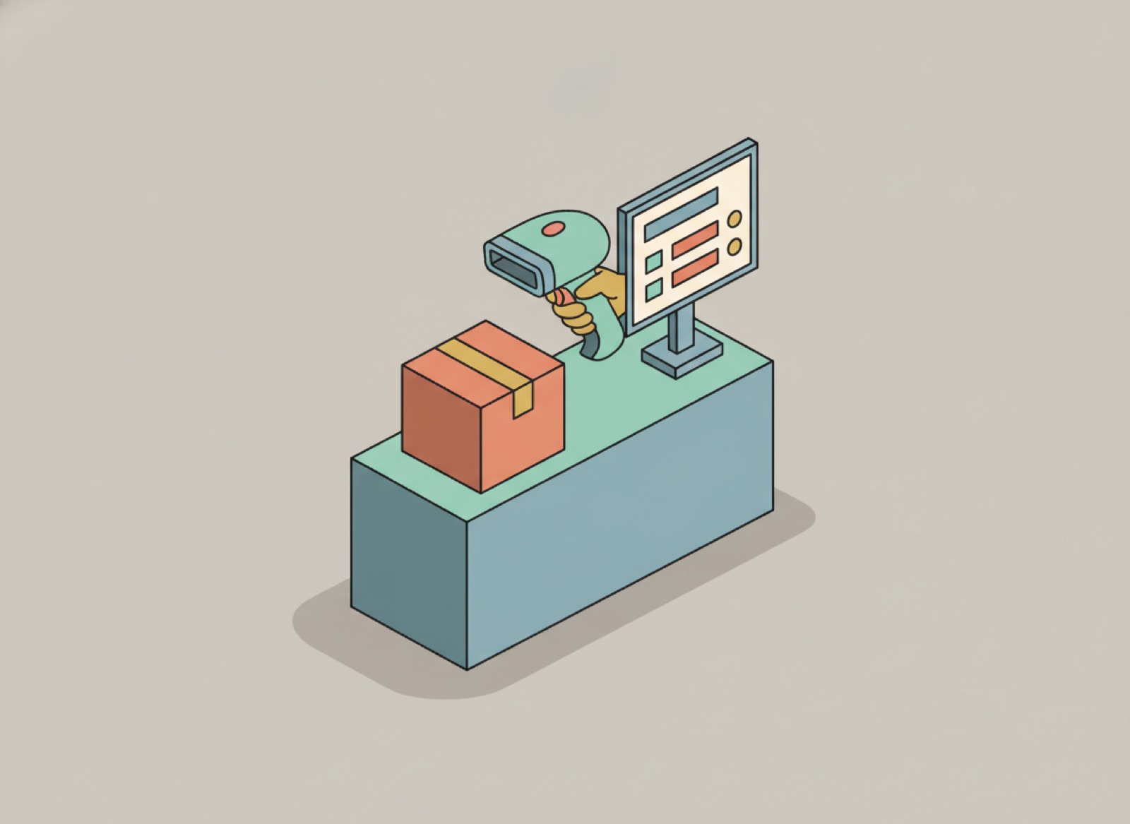 Ilustración isométrica de un lector de código de barras escaneando una caja en el mostrador de una tienda