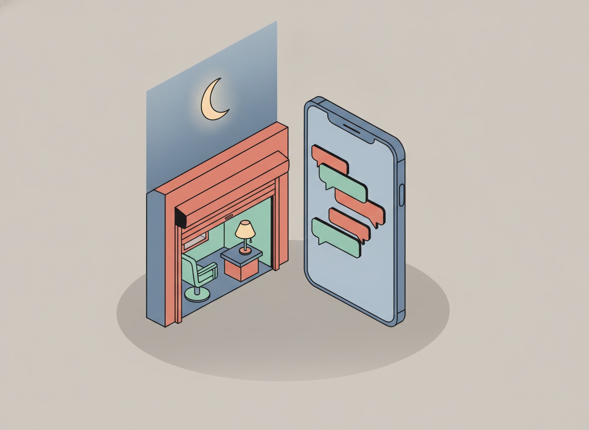 Ilustración isométrica de una estética de barrio cerrada de noche, con un teléfono al frente que sigue mostrando burbujas de conversación