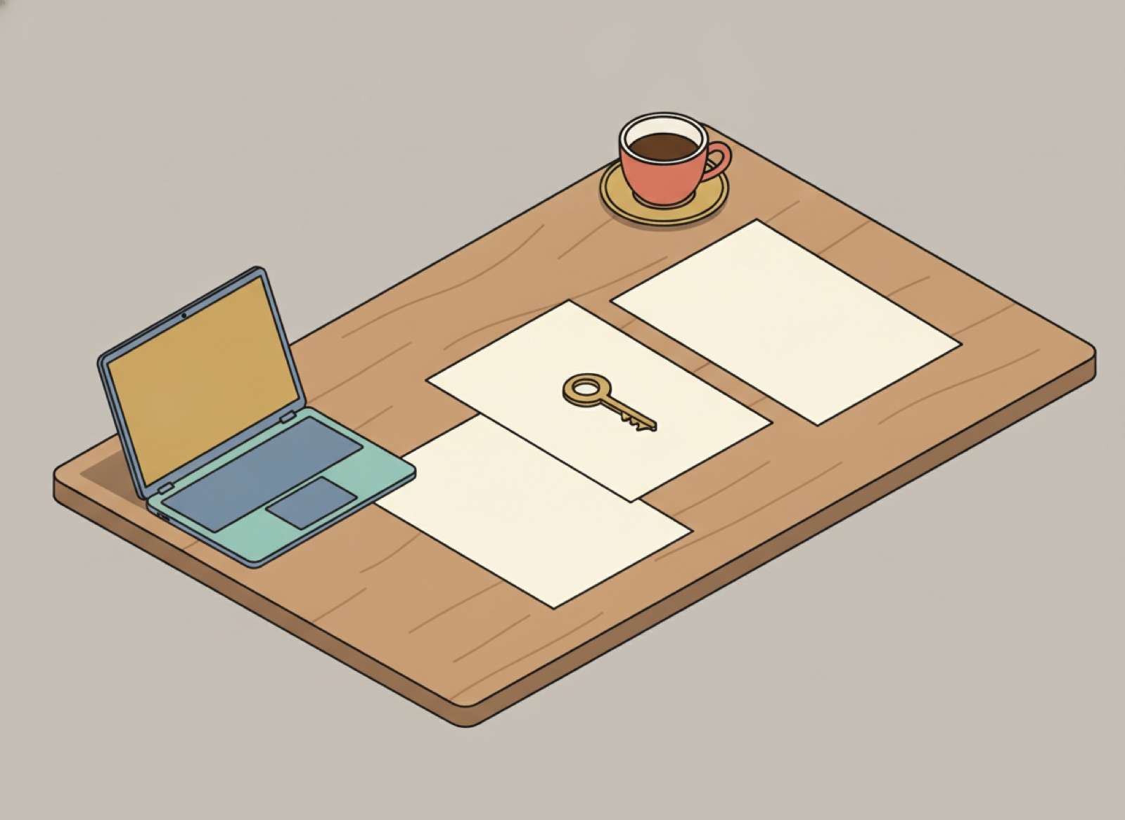 Ilustración isométrica de un escritorio con tres cotizaciones en blanco lado a lado, una laptop abierta, una taza de café y una llave encima de la hoja de en medio