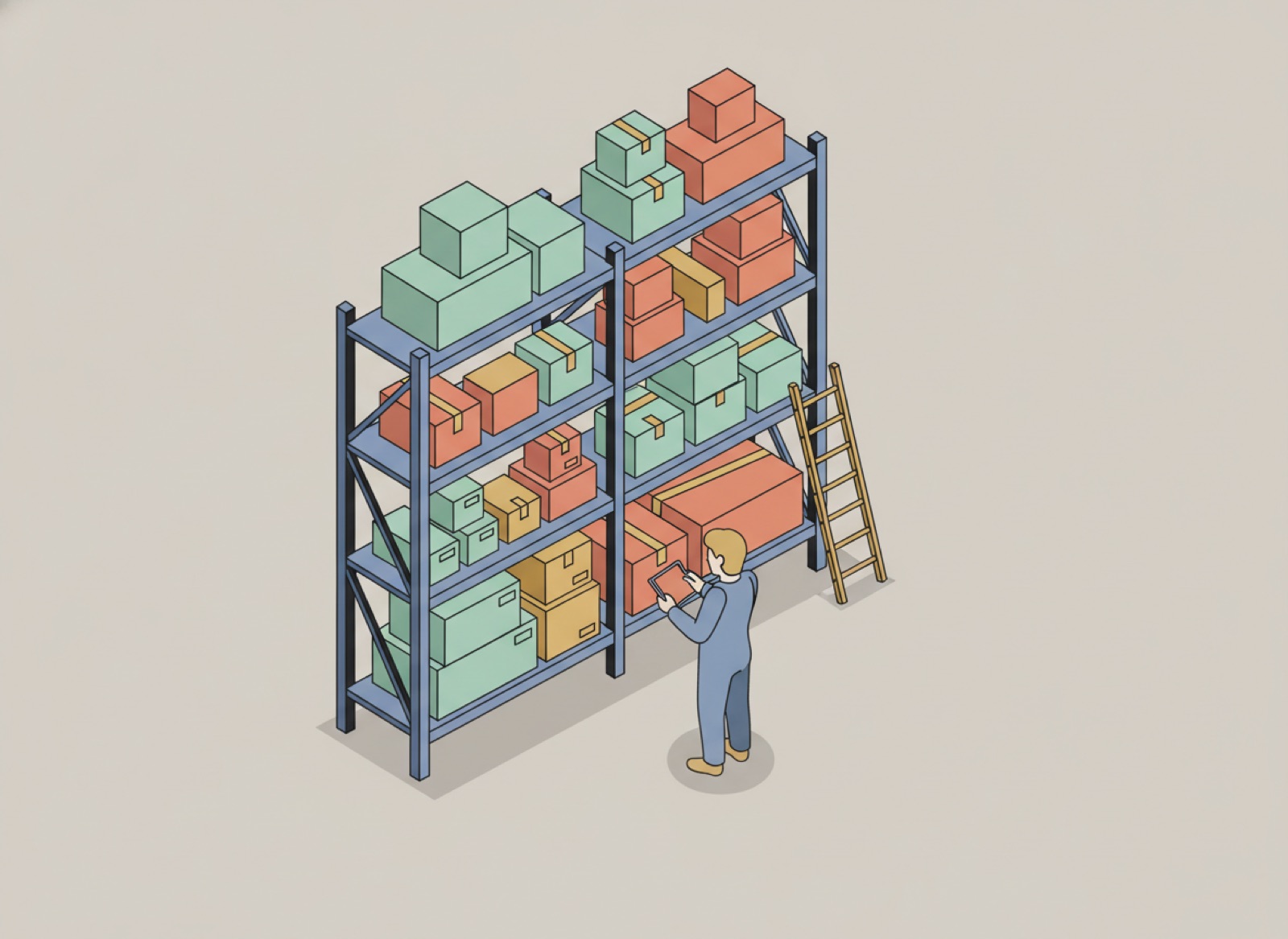 Ilustración isométrica de estantes de almacén con cajas ordenadas y una persona contándolas con una tablet