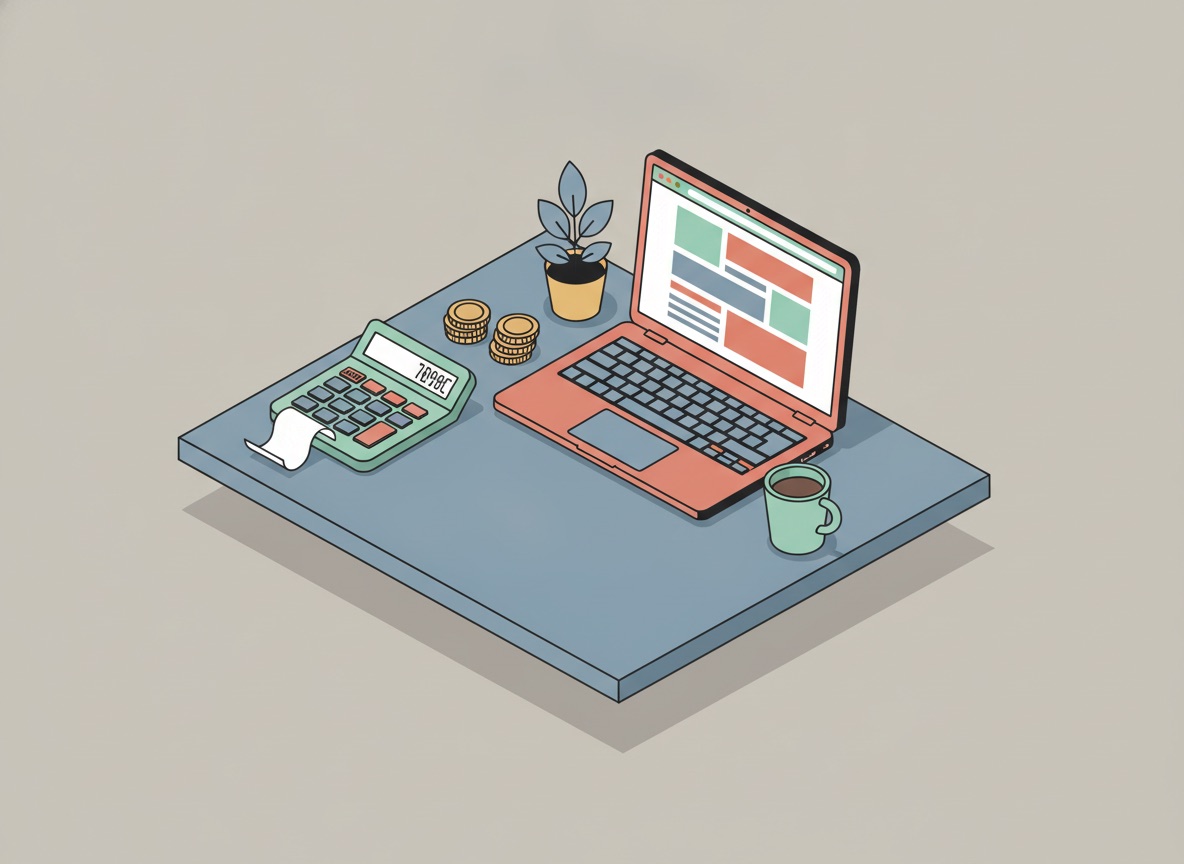 Ilustración isométrica del mostrador de un negocio pequeño con una calculadora de escritorio con su tira de papel, unas monedas, una laptop abierta mostrando el esquema de una página web y una taza de café