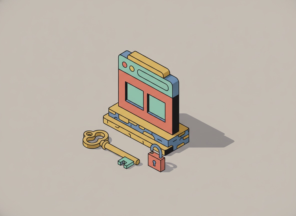 Ilustración isométrica de una fachada de negocio con forma de ventana de navegador sobre un pedestal, con una llave grande y un candado abierto al frente