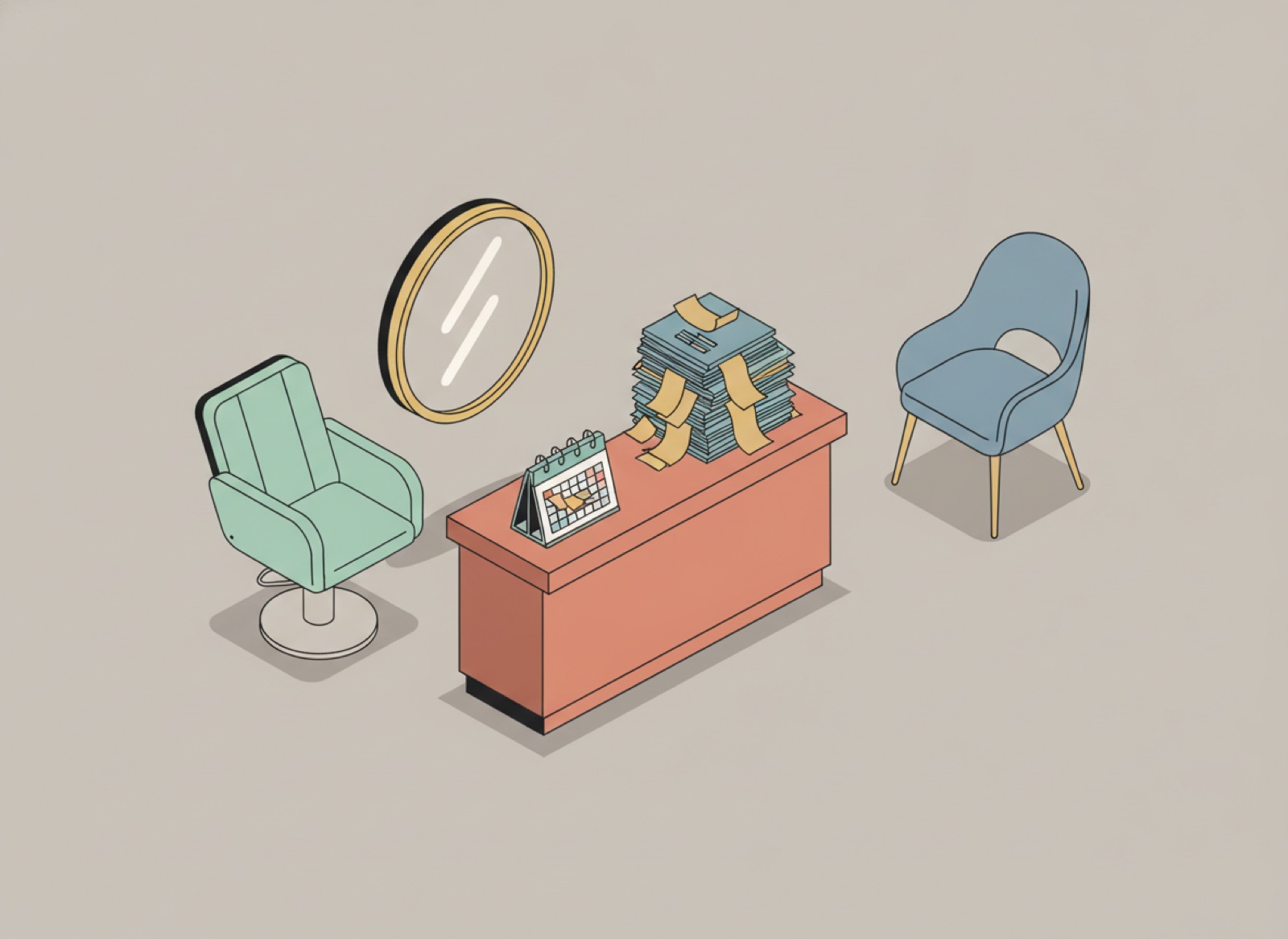 Ilustración isométrica de la recepción de un salón de belleza con una agenda saturada, silla de estilista y una silla de espera vacía