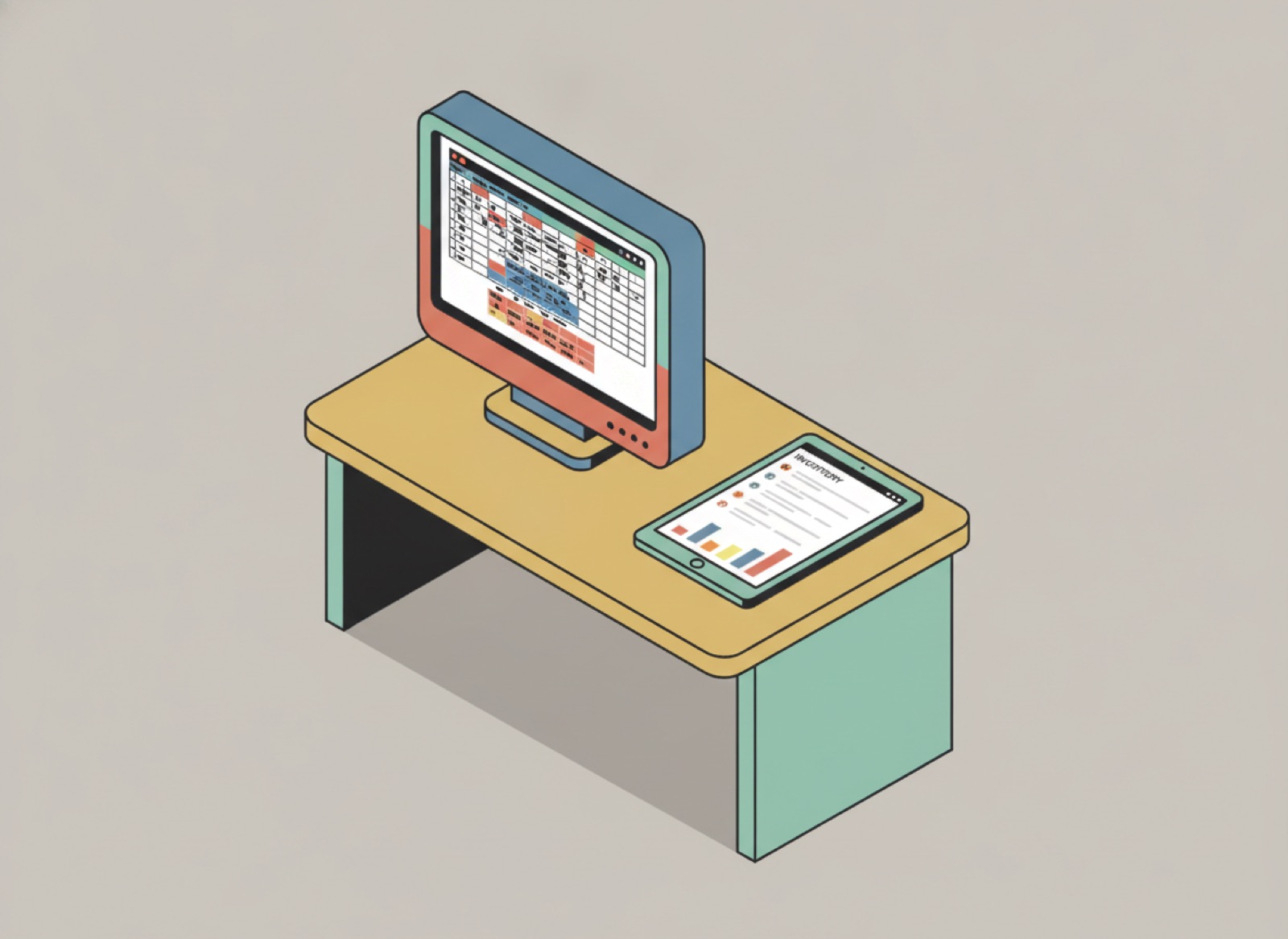 Ilustración isométrica de un escritorio con un monitor mostrando una hoja de cálculo saturada y una tablet con un inventario limpio