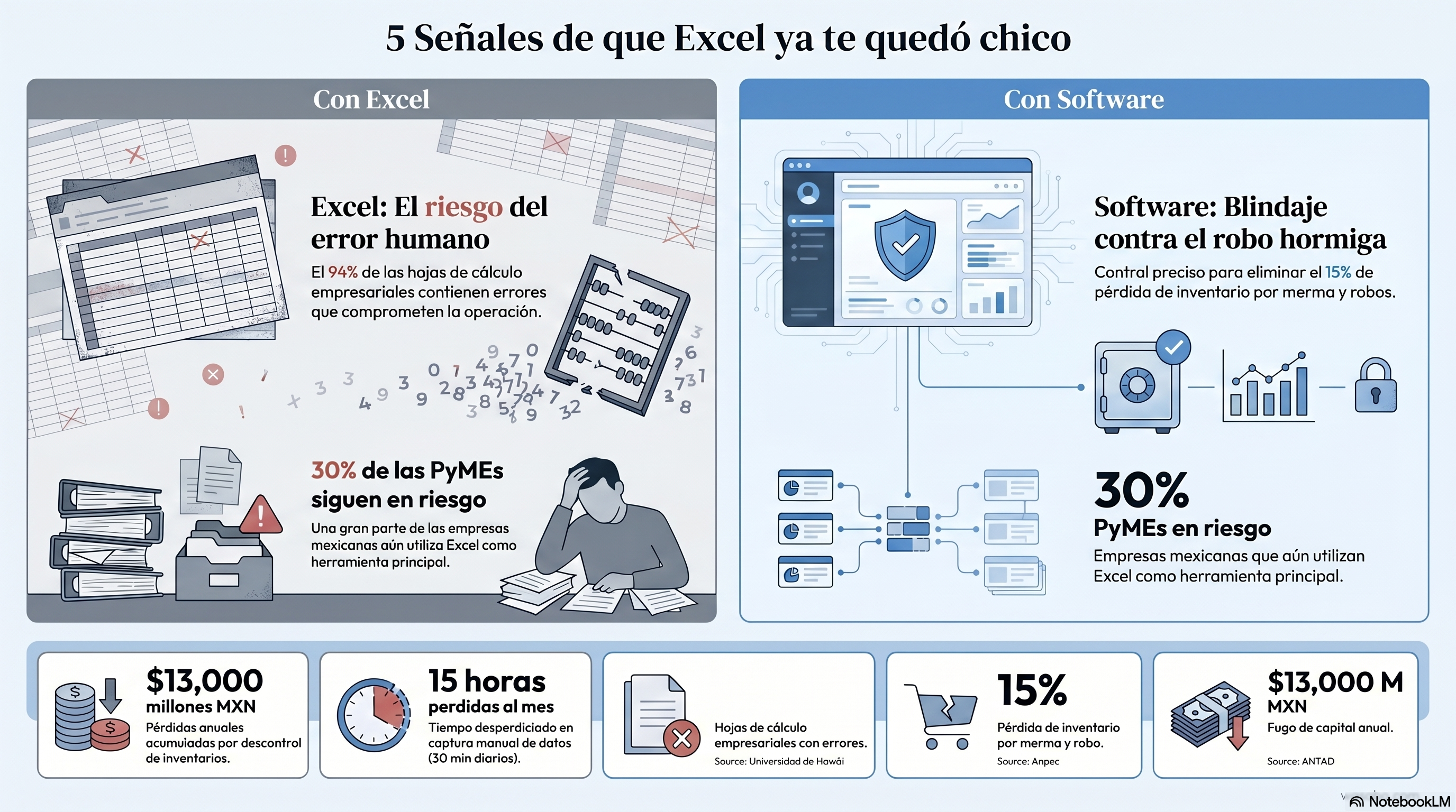 Infografia: 5 senales de que Excel ya te quedo chico — riesgo de error humano, 30% de PyMEs en riesgo, 15 horas perdidas al mes, y blindaje contra robo hormiga