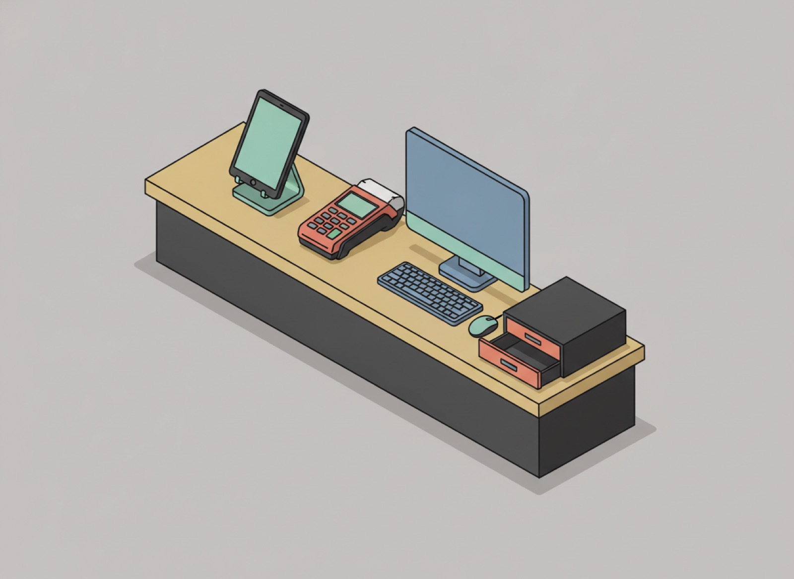 Ilustración isométrica de varios equipos de punto de venta alineados en un mostrador para comparar