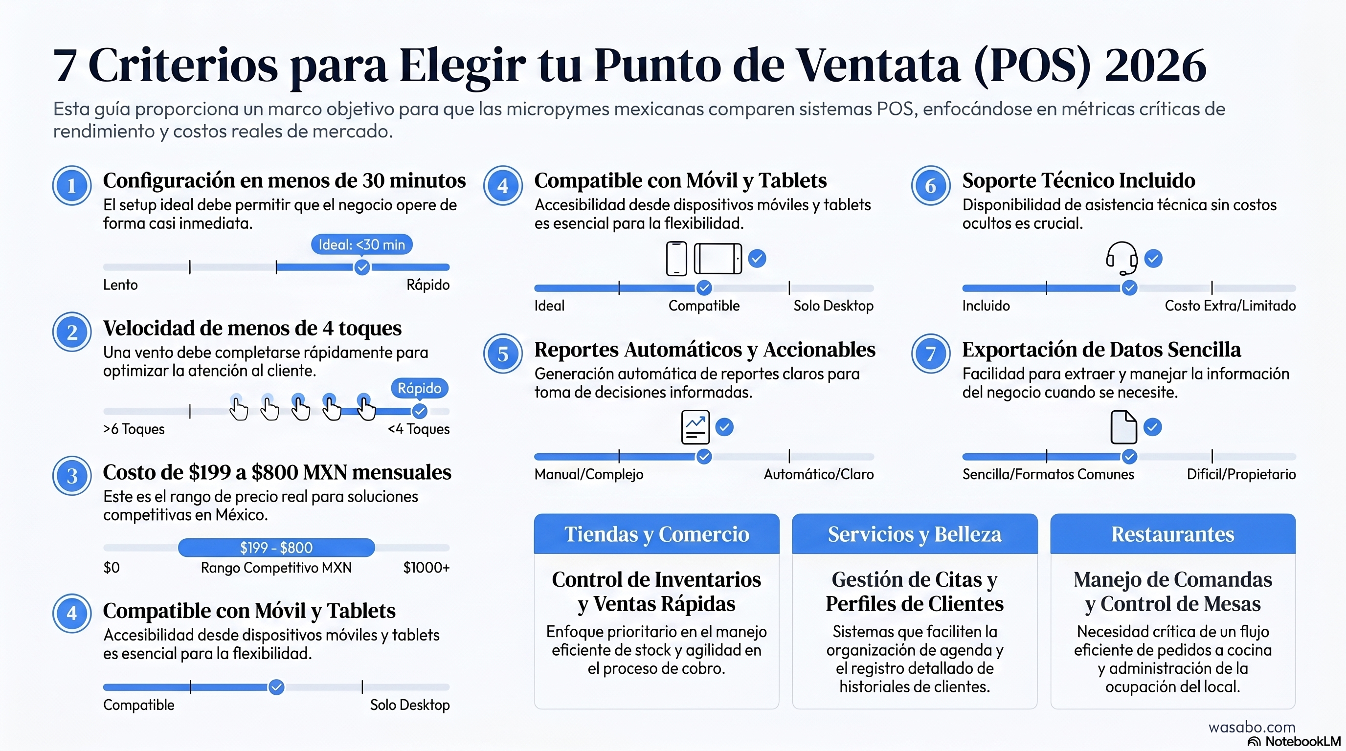 Infografia: 7 Criterios para Elegir tu Punto de Venta (POS) 2026 — setup en menos de 30 minutos, velocidad de cobro, costo entre $199 y $800 MXN, compatibilidad movil, reportes accionables, soporte tecnico y exportacion de datos