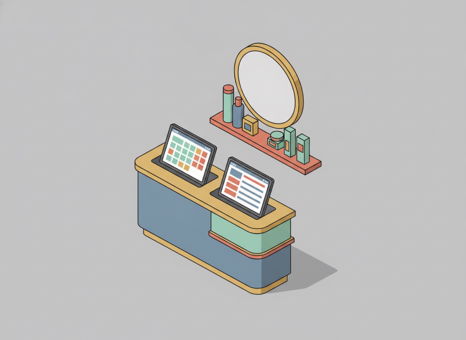 Ilustración isométrica de un mostrador de salón con dos tablets comparando calendarios de citas