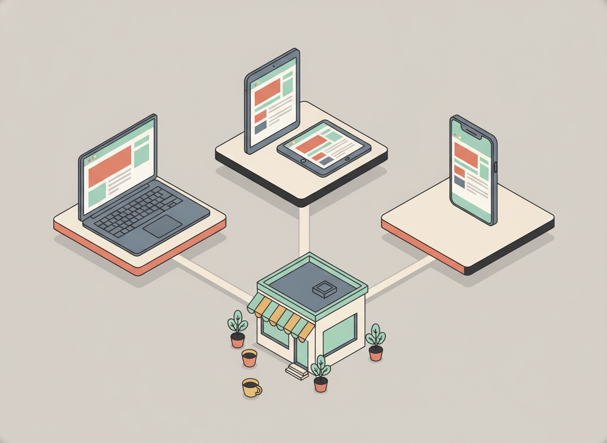 Ilustración isométrica de tres caminos que salen de un escritorio con una laptop y llevan a tres versiones distintas de un mismo sitio web