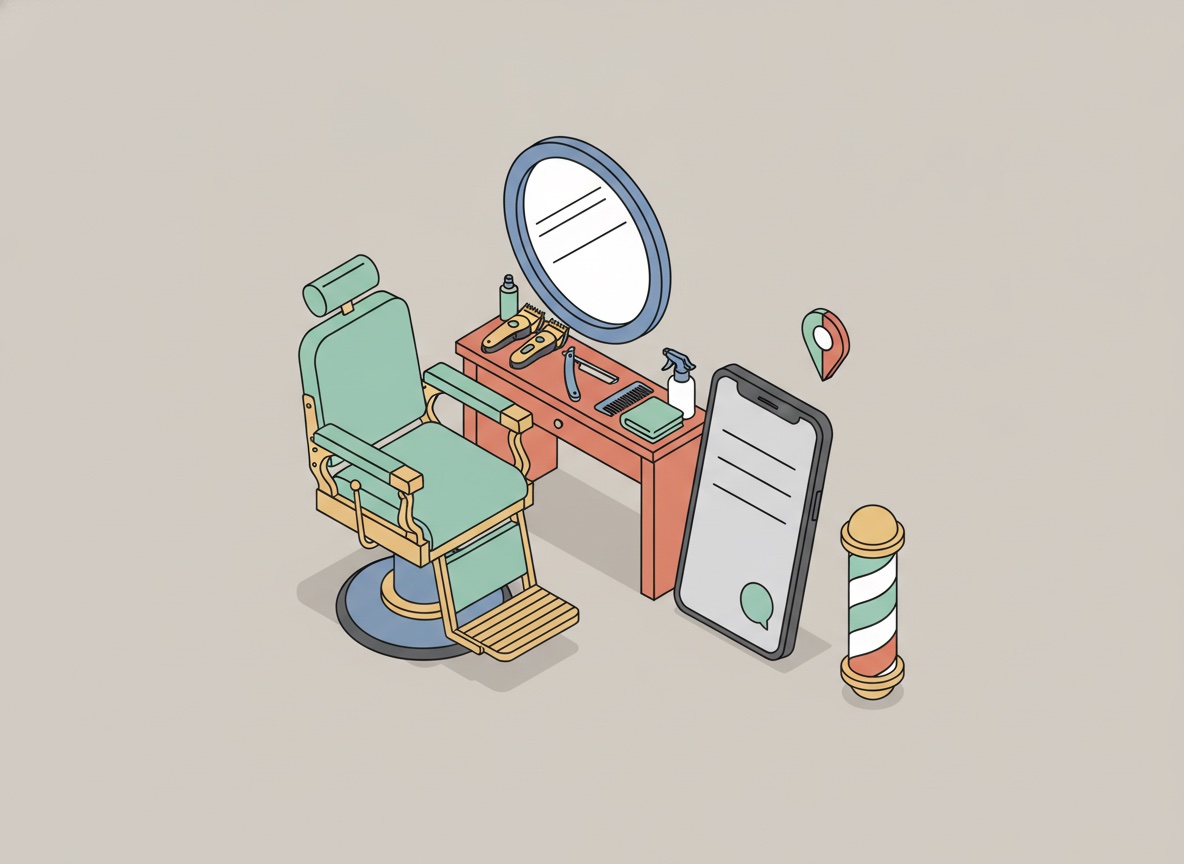 Ilustración isométrica de la estación de una barbería con sillón clásico, espejo redondo, mesa con máquinas de corte, navaja, peine y toalla, un poste de barbería y un teléfono que muestra una lista de precios con un botón de chat y un marcador de ubicación
