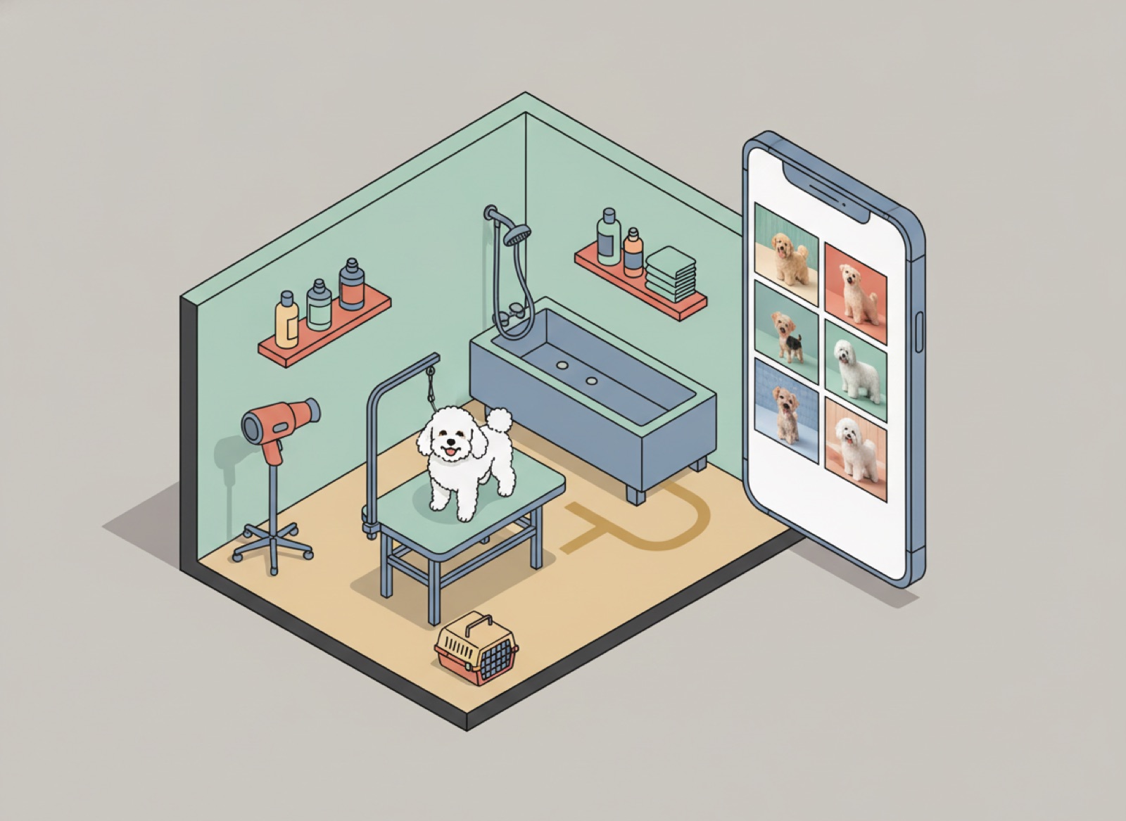 Ilustración isométrica de una estética canina con mesa de grooming, un perro blanco recién bañado, tina con regadera, secadora y repisas con shampoo, junto a un teléfono que muestra una galería de perros arreglados