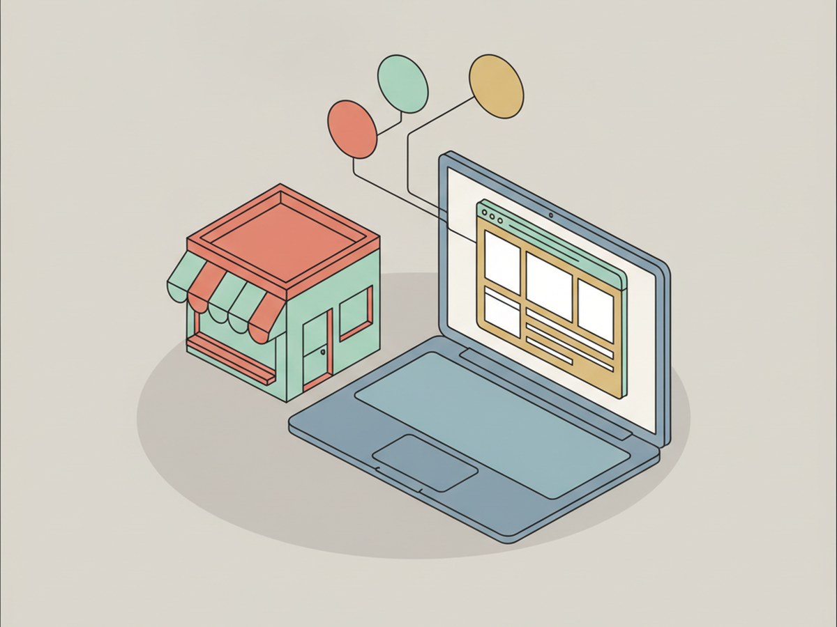 Ilustración isométrica de un negocio local junto a una laptop con una página web, de la que salen respuestas de un asistente de inteligencia artificial