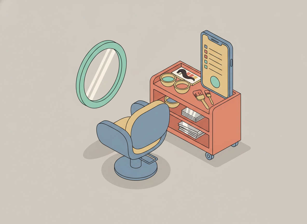 Ilustración isométrica de la estación de un salón de belleza con silla de corte, espejo redondo, carrito con tazones de tinte y brochas, una prueba de color en una mecha y un teléfono que muestra una lista de precios con un botón de chat