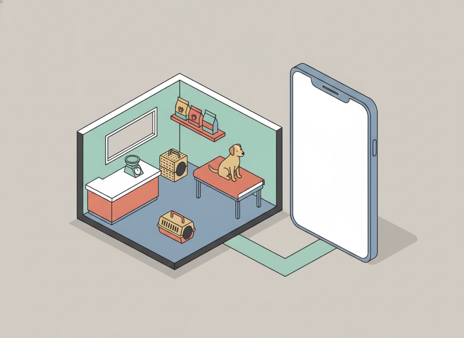 Ilustración isométrica de una clínica veterinaria con mostrador, báscula, transportadora y un perro en la mesa de exploración, junto a un teléfono del mismo tamaño conectado al local por un camino