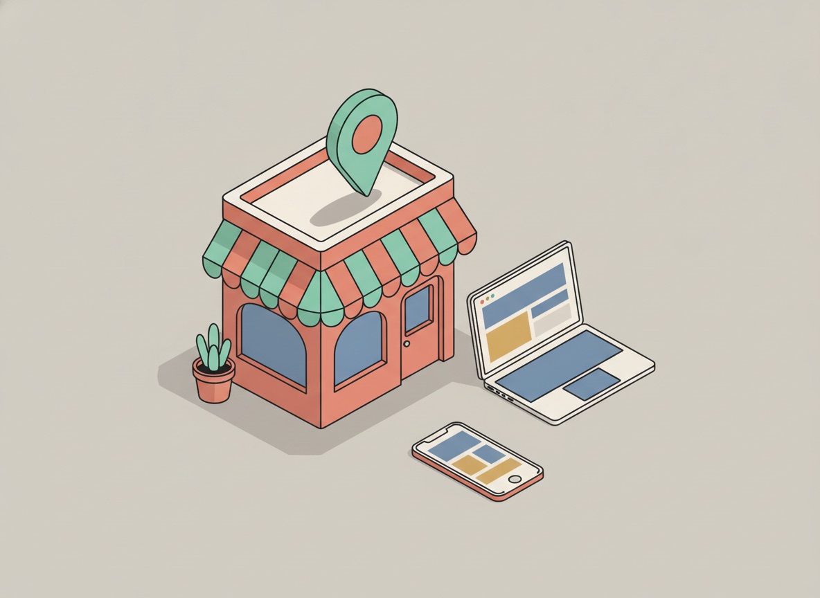Ilustración isométrica de un local pequeño con un pin de ubicación encima, junto a una laptop y un celular que muestran la página web del negocio