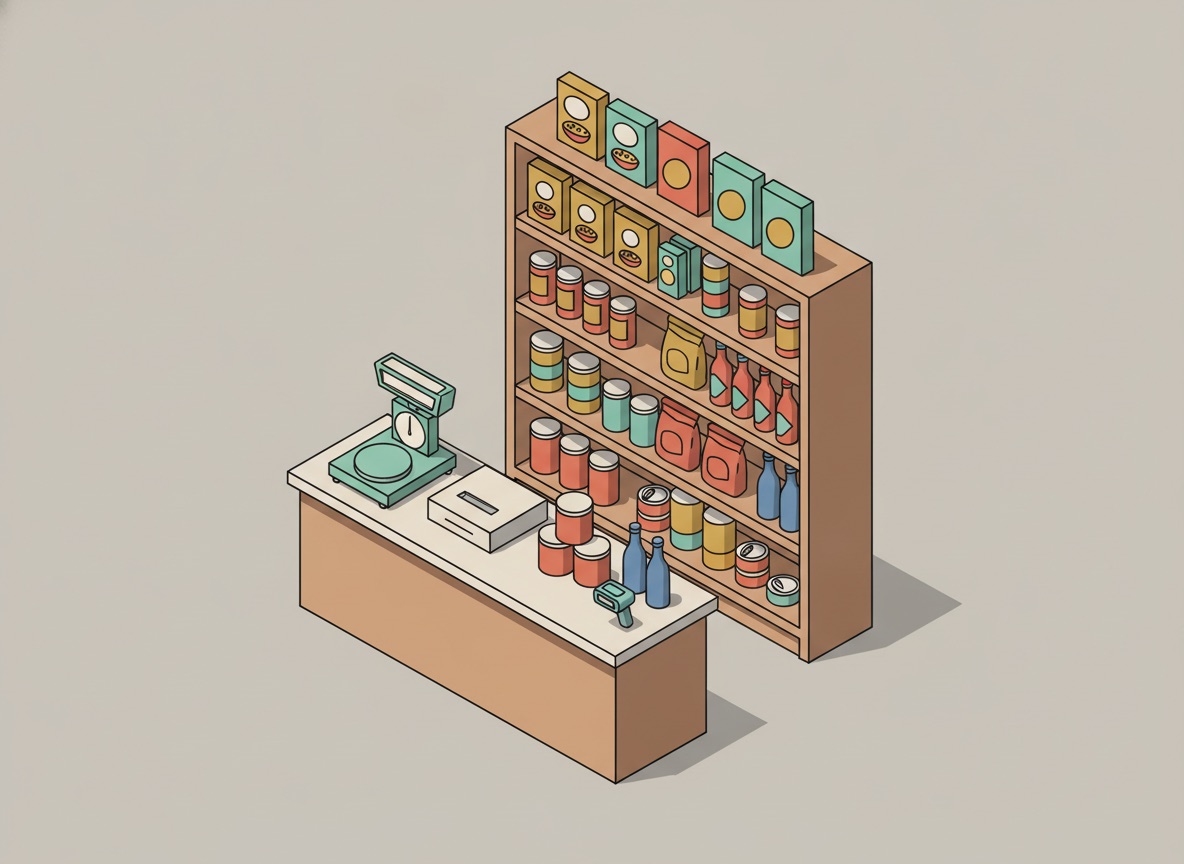 Ilustración isométrica del mostrador de una tienda de abarrotes con báscula, caja registradora y anaqueles de producto