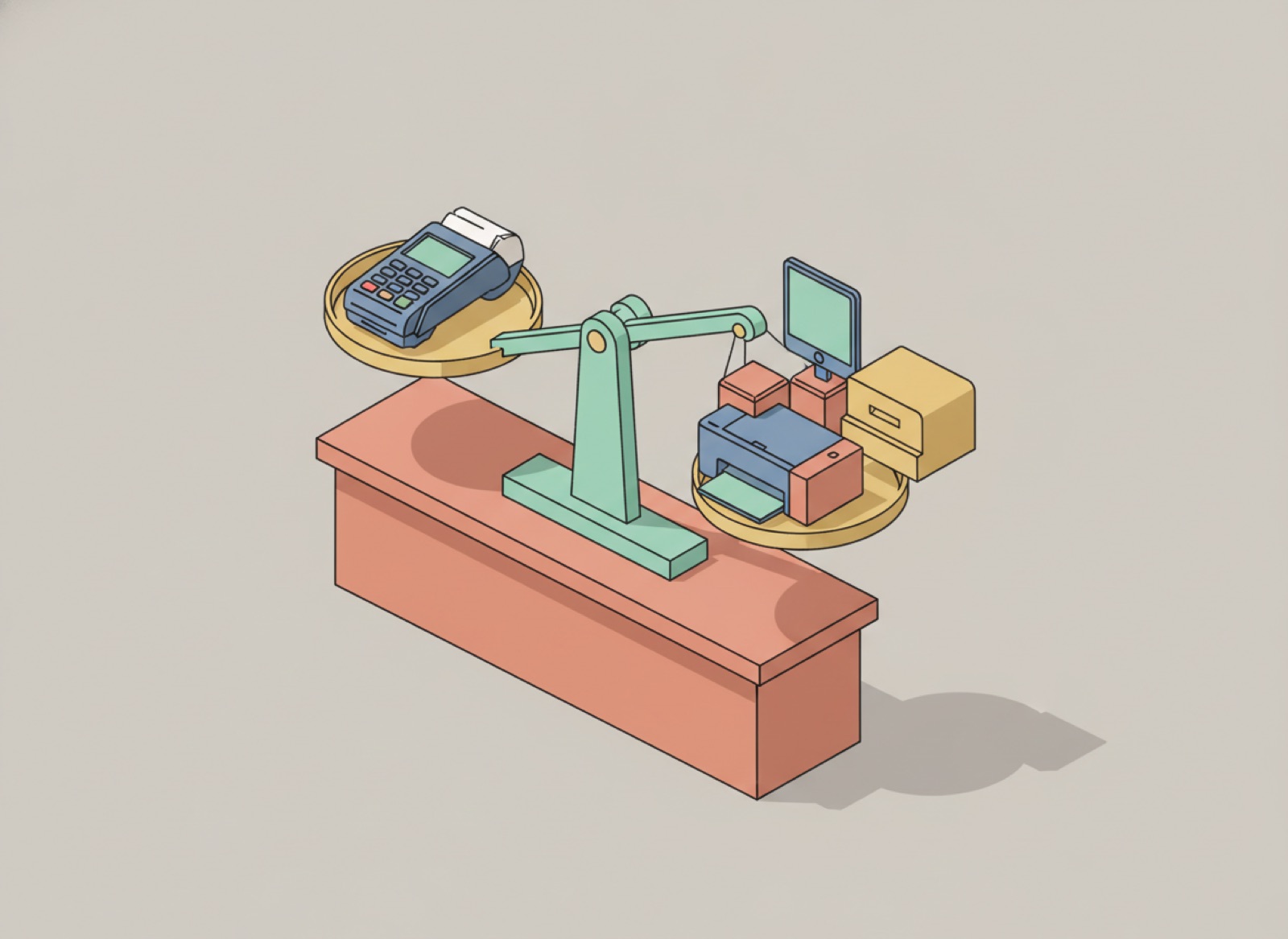 Ilustración isométrica de una balanza que compara una terminal básica contra un equipo completo de punto de venta