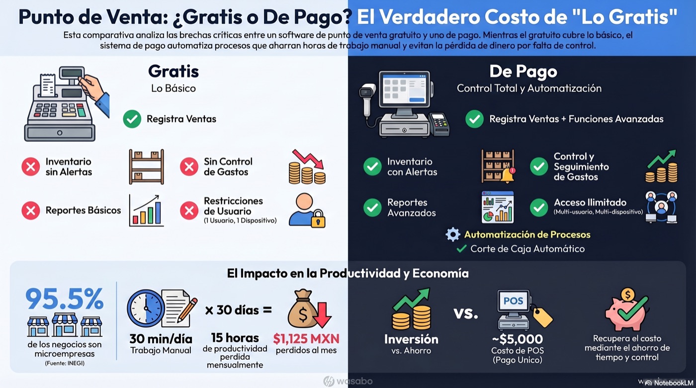 Infografía comparativa: Punto de venta gratis vs de pago — funciones, limitaciones y el costo real de lo gratuito para negocios en México