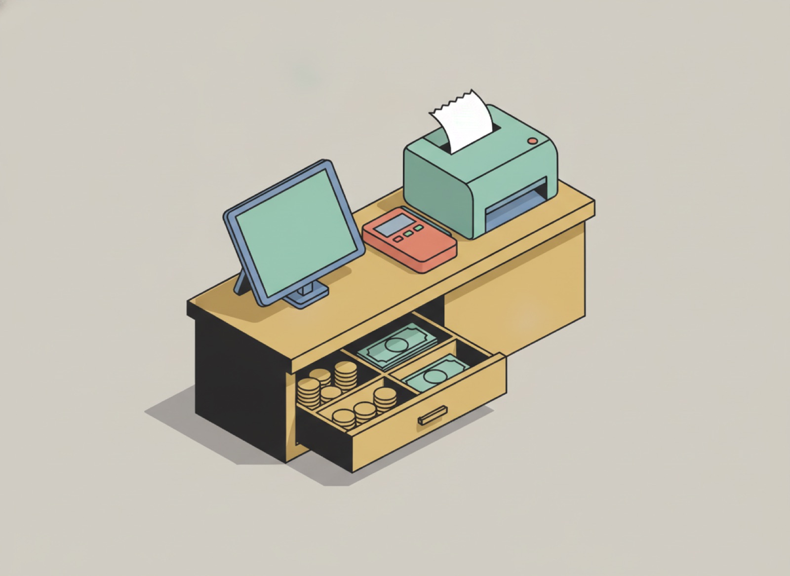 Ilustración isométrica de un mostrador con tablet, lector de tarjetas, impresora de tickets y cajón de dinero
