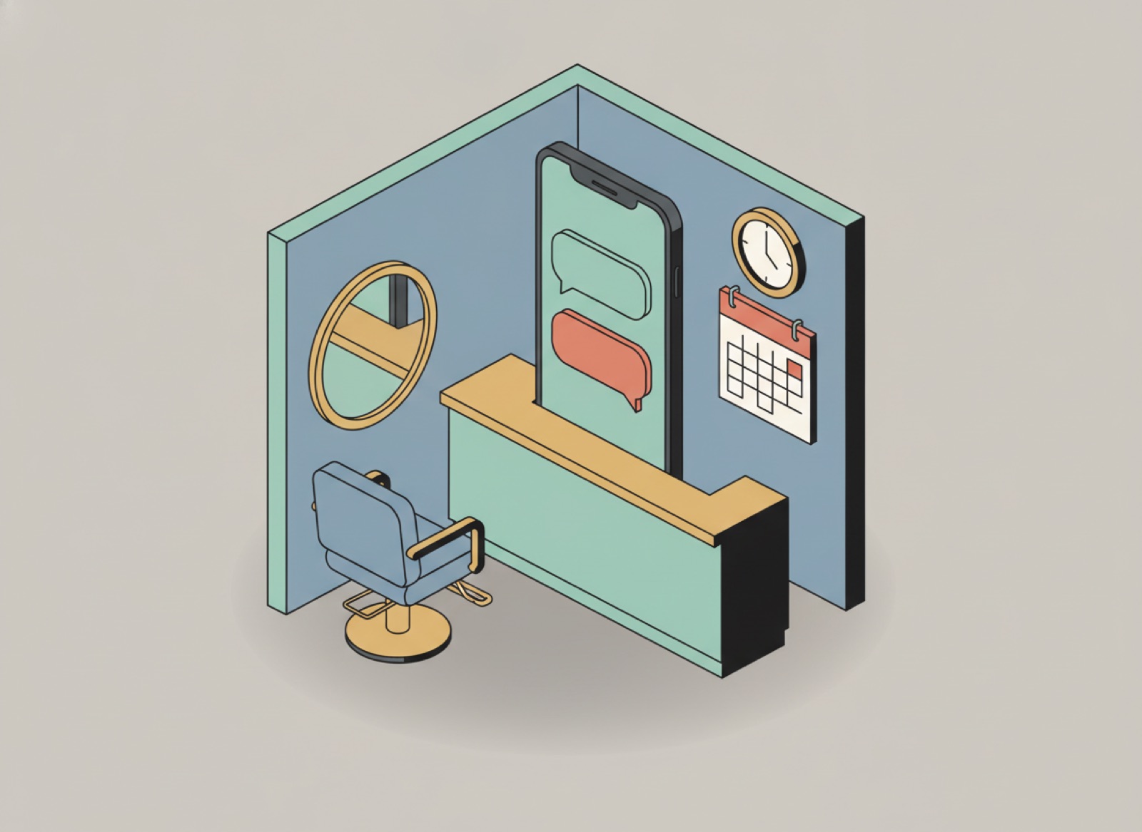 Ilustración isométrica del mostrador de un salón con una silla vacía, un celular mostrando dos burbujas de chat en blanco y un calendario con un día marcado
