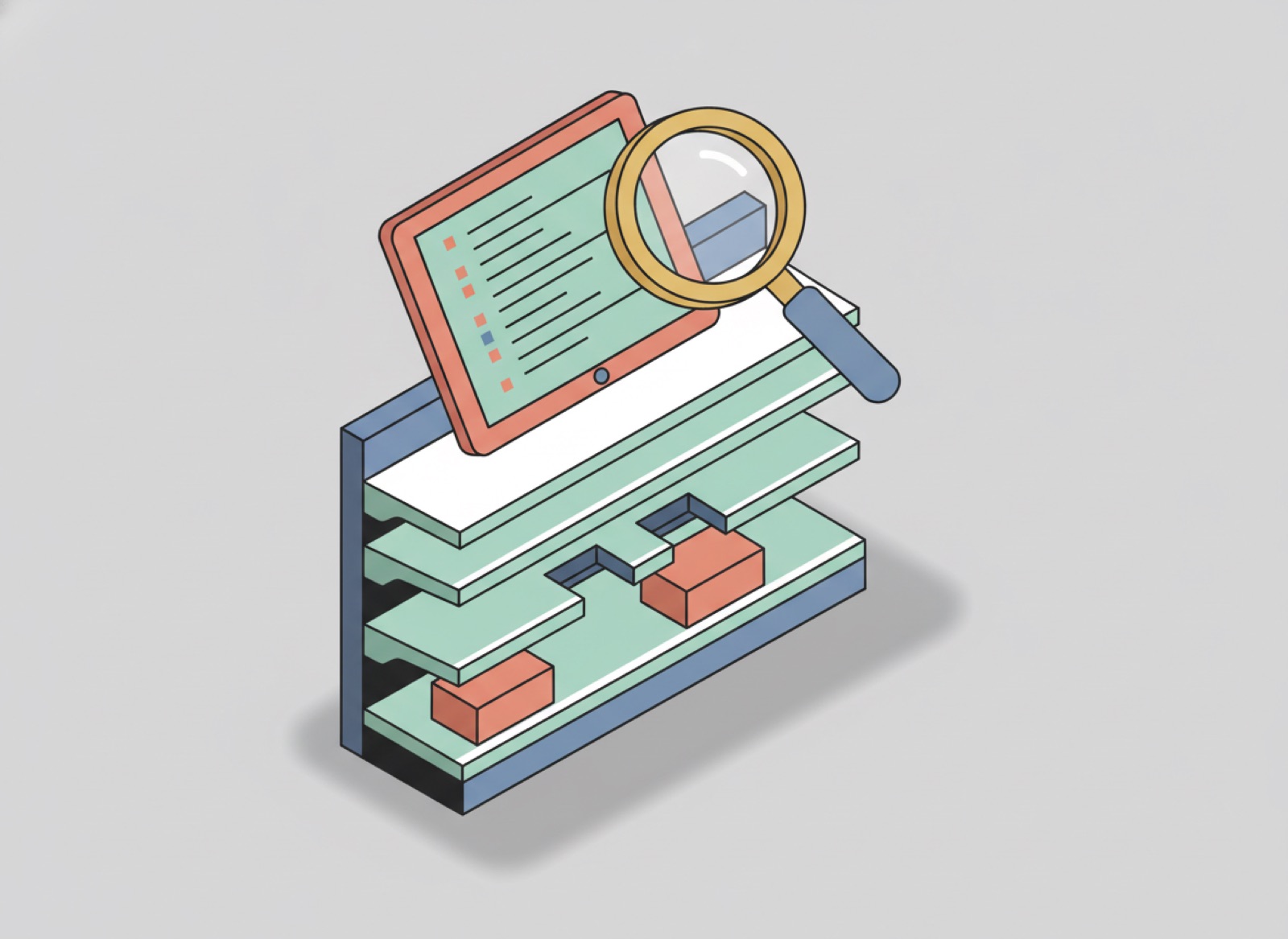 Ilustración isométrica de estantes con huecos donde faltan cajas y una lupa sobre una tablet con el inventario