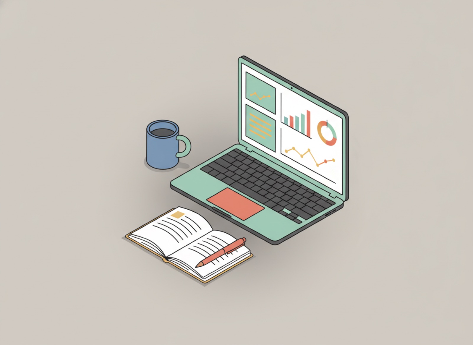 Ilustración isométrica de un escritorio con una laptop mostrando un panel de gráficas, una taza de café y una libreta
