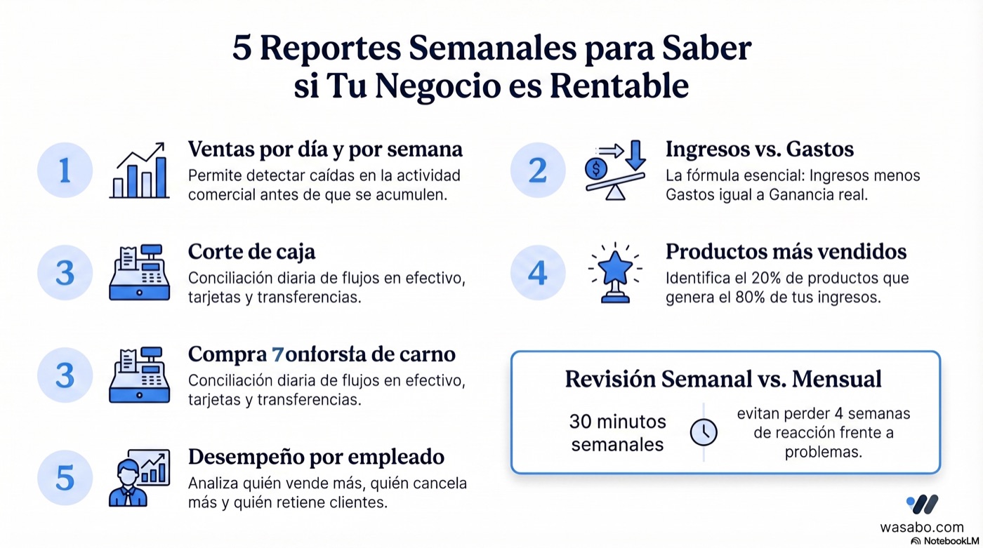 Infografía: 5 reportes semanales para saber si tu negocio es rentable — ventas, ingresos vs gastos, corte de caja, productos más vendidos y desempeño por empleado