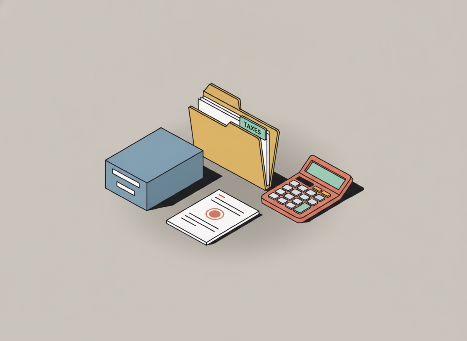 Ilustración isométrica de un escritorio con carpeta de impuestos, calculadora y un formato sellado