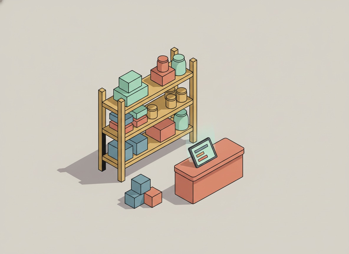 Ilustración isométrica de un estante con cajas y frascos junto a un mostrador con una tableta que muestra niveles de existencias