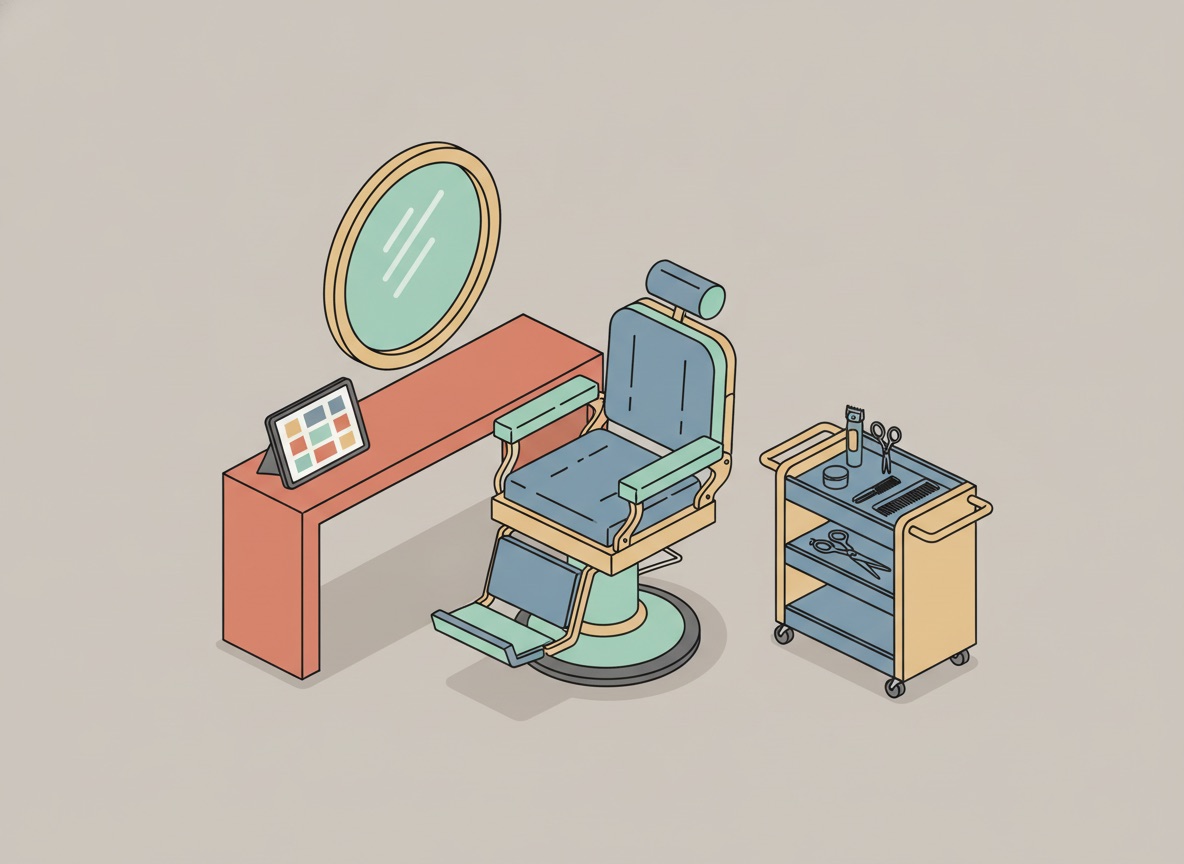 Ilustración isométrica de una barbería con silla clásica, espejo redondo, carrito de herramientas y una tablet con la agenda del día
