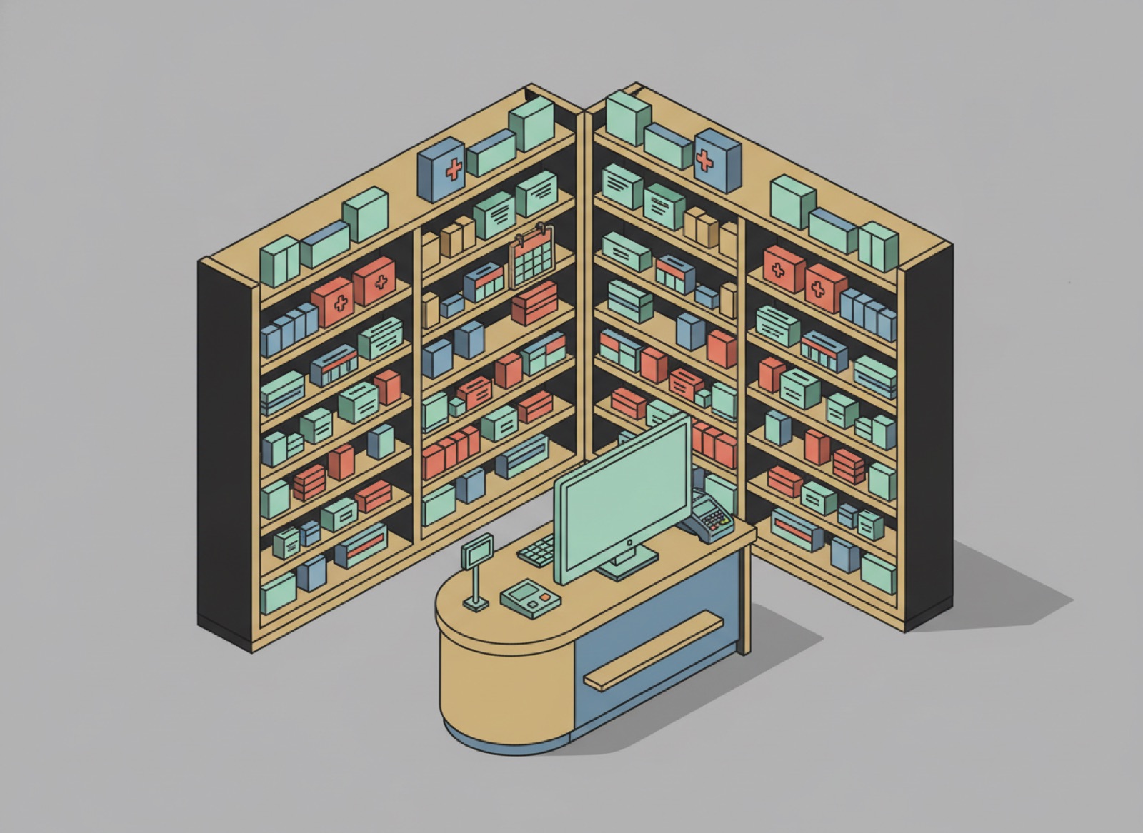 Ilustración isométrica de estantes de farmacia con cajas de medicamento, un marcador de caducidad y una pantalla en el mostrador
